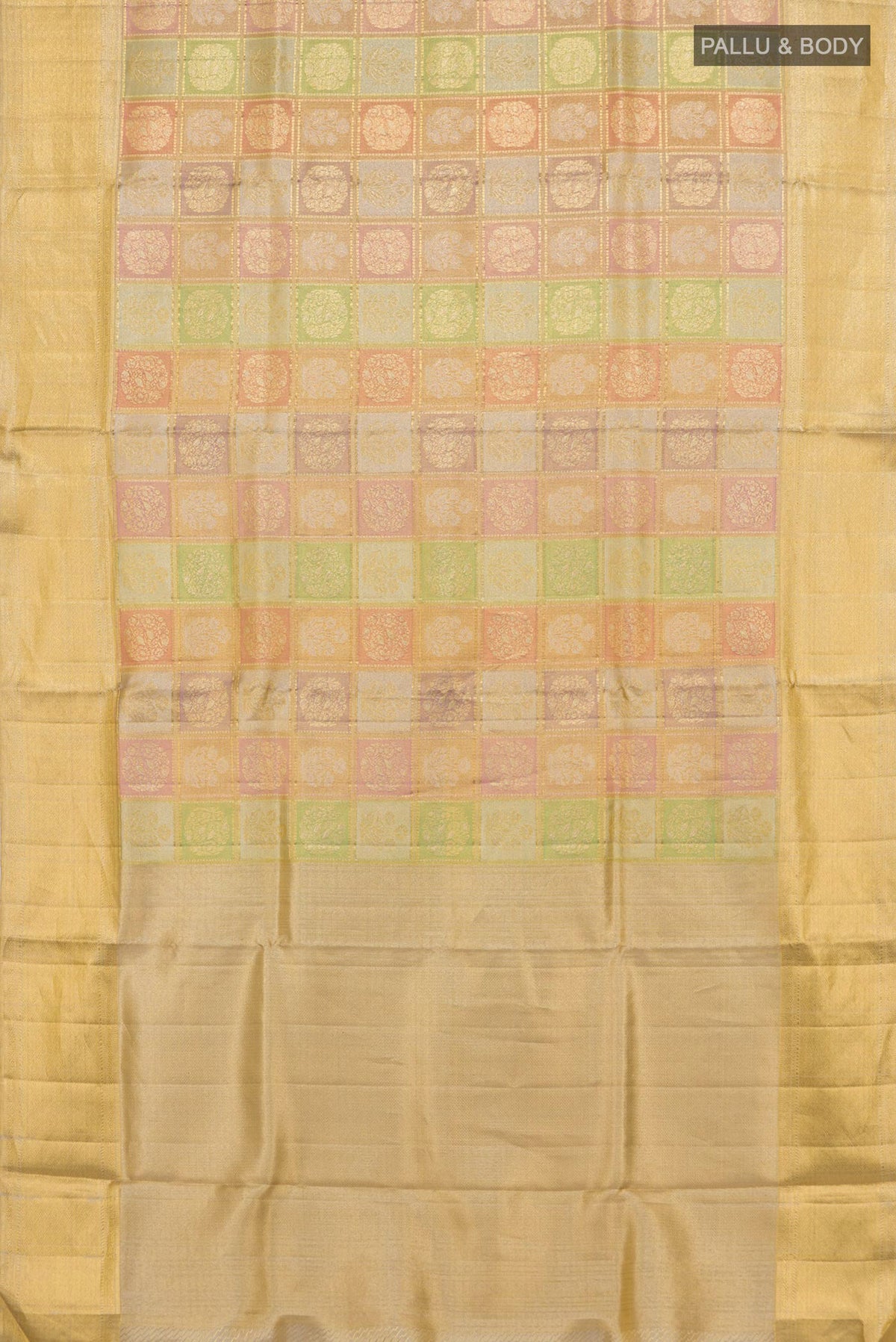 Flat view of Pure Silk Gold Dual Tone Kanjivaram Tissue Saree with Zari Brocade on the body and Zari Border. 