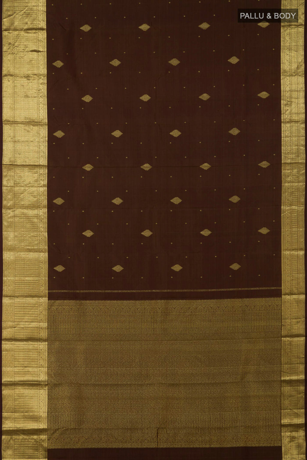 Flat view of Mehandi Green Kanjivaram Silk Saree with Zari Butta on the body and Zari Border. 