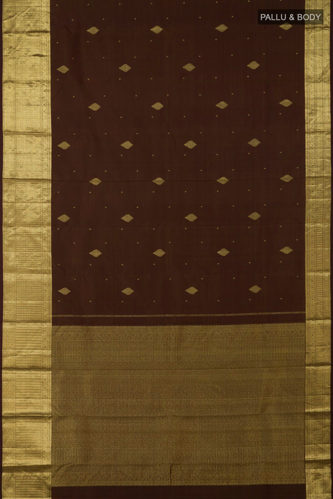 Flat view of Mehandi Green Kanjivaram Silk Saree with Zari Butta on the body and Zari Border. 
