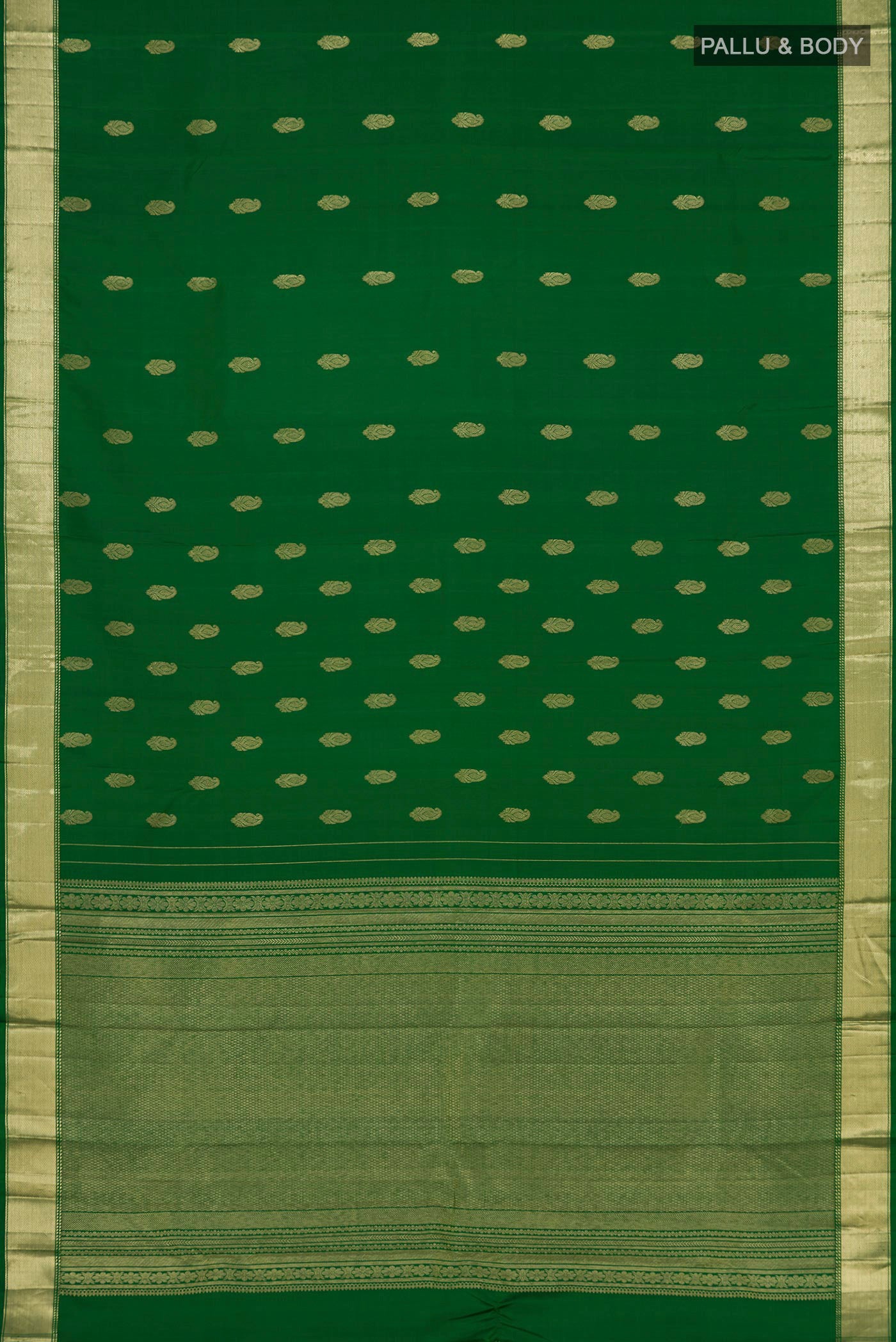 Flat view of Green Kanchipuram Silk Saree with Zari Butta on the body and Zari Border. 