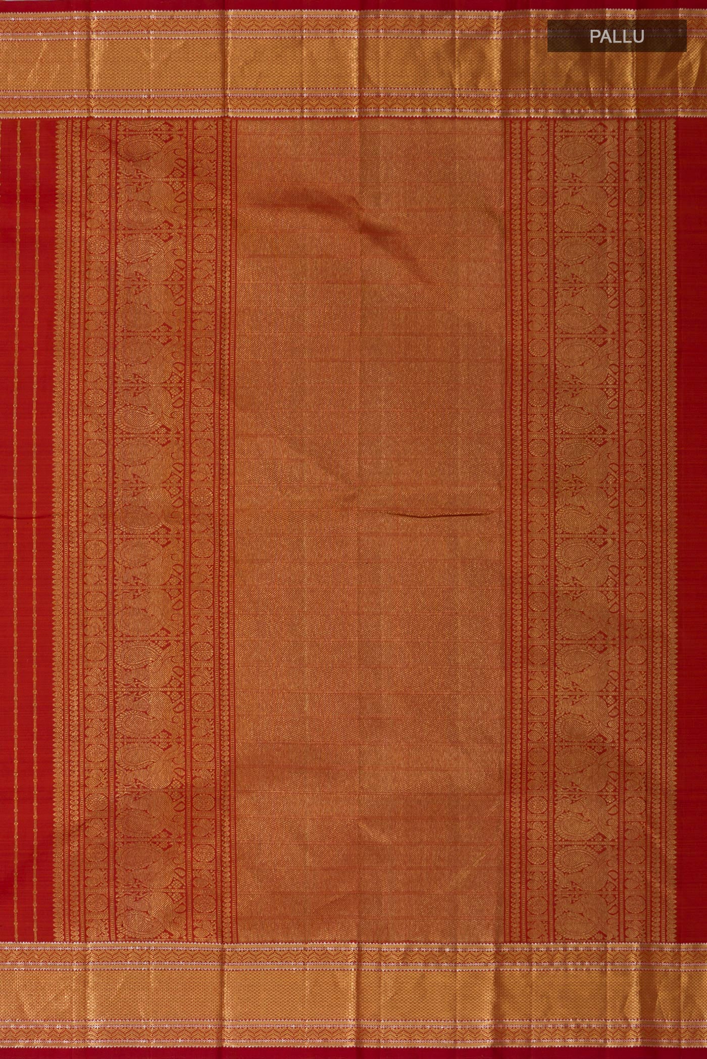 Close up image of the pallu of Rust Kanchipuram Silk Saree with Stripes on the body and Zari Border. 