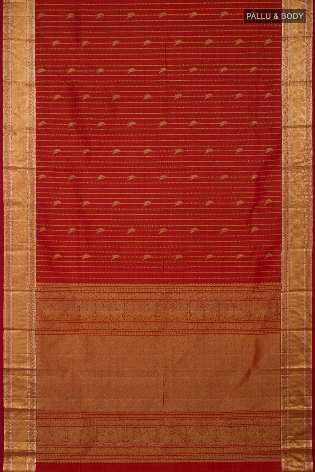 Flat view of Rust Kanchipuram Silk Saree with Stripes on the body and Zari Border. 