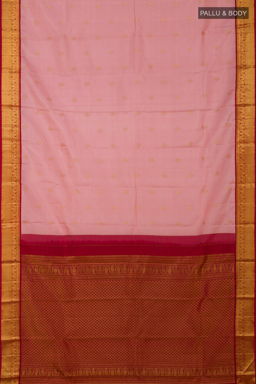 Flat view of Peach Kanjivaram Silk Saree with Zari Butta on the body and Zari Border. 