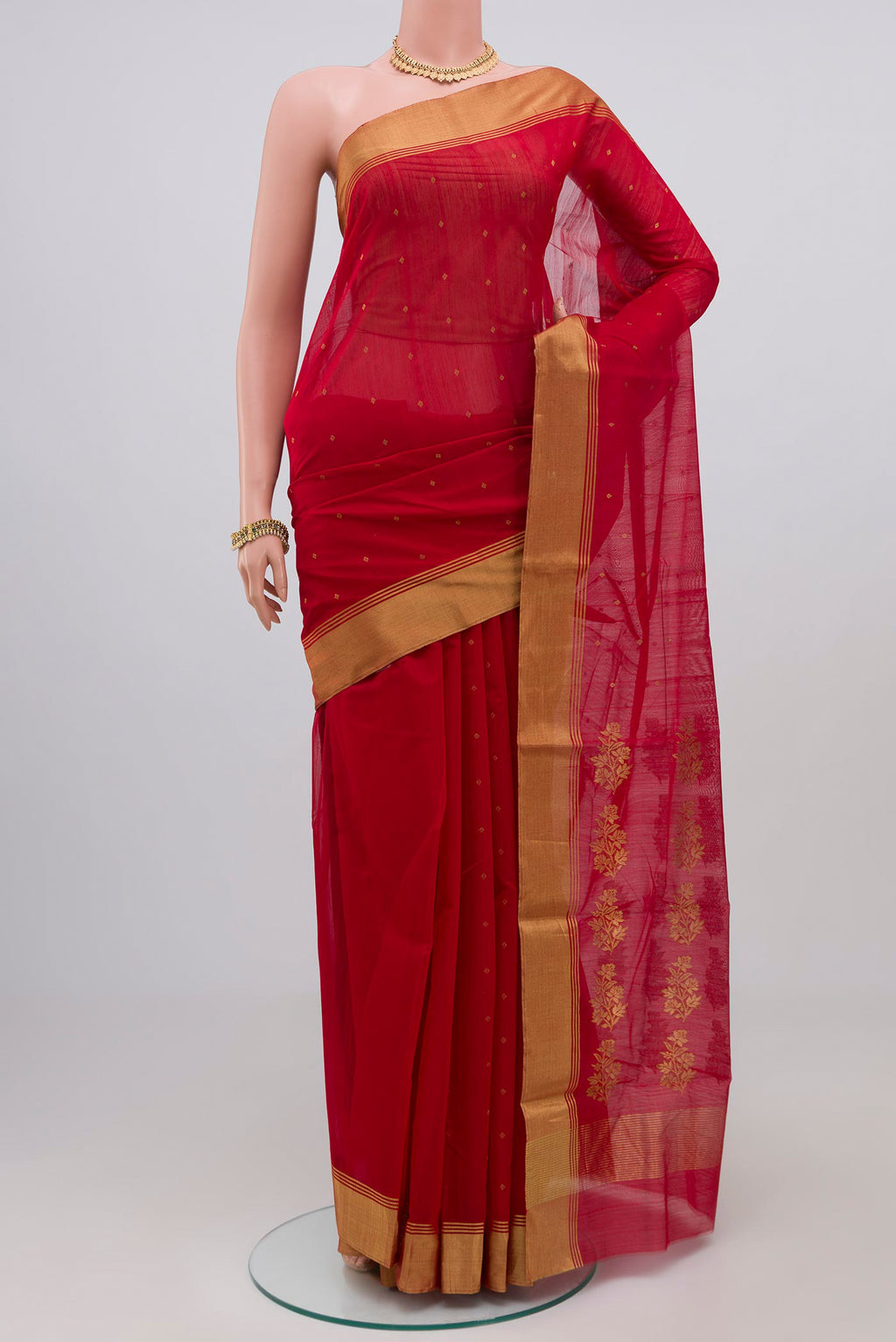 Red Chanderi Silk Cotton Saree with Zari Butta on the body and Zari Border.  displayed on a mannequin