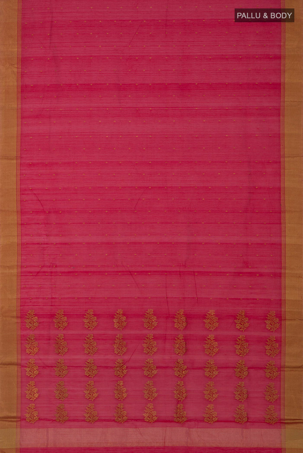 Flat view of Red Chanderi Silk Cotton Saree with Zari Butta on the body and Zari Border. 