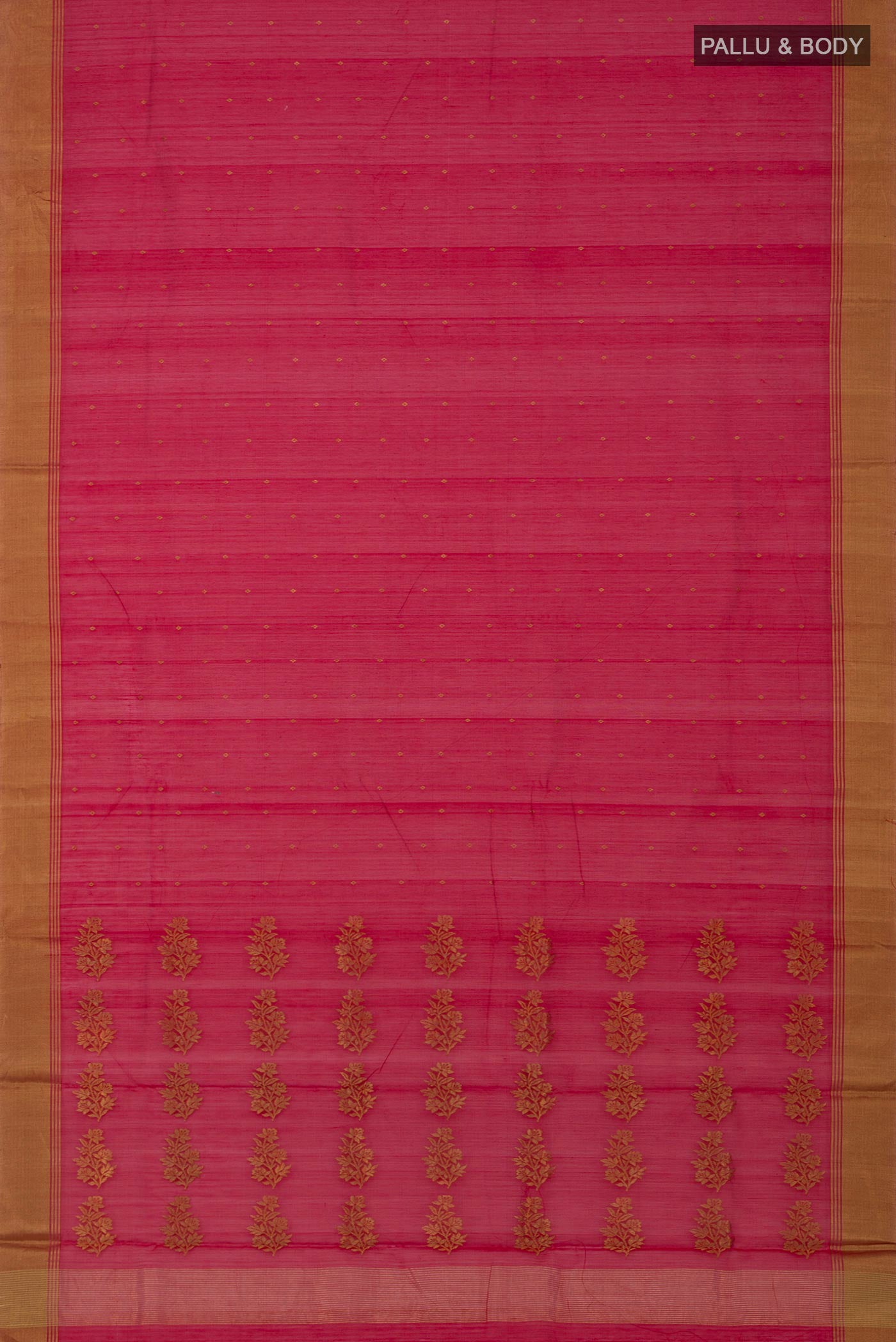 Flat view of Red Chanderi Silk Cotton Saree with Zari Butta on the body and Zari Border. 