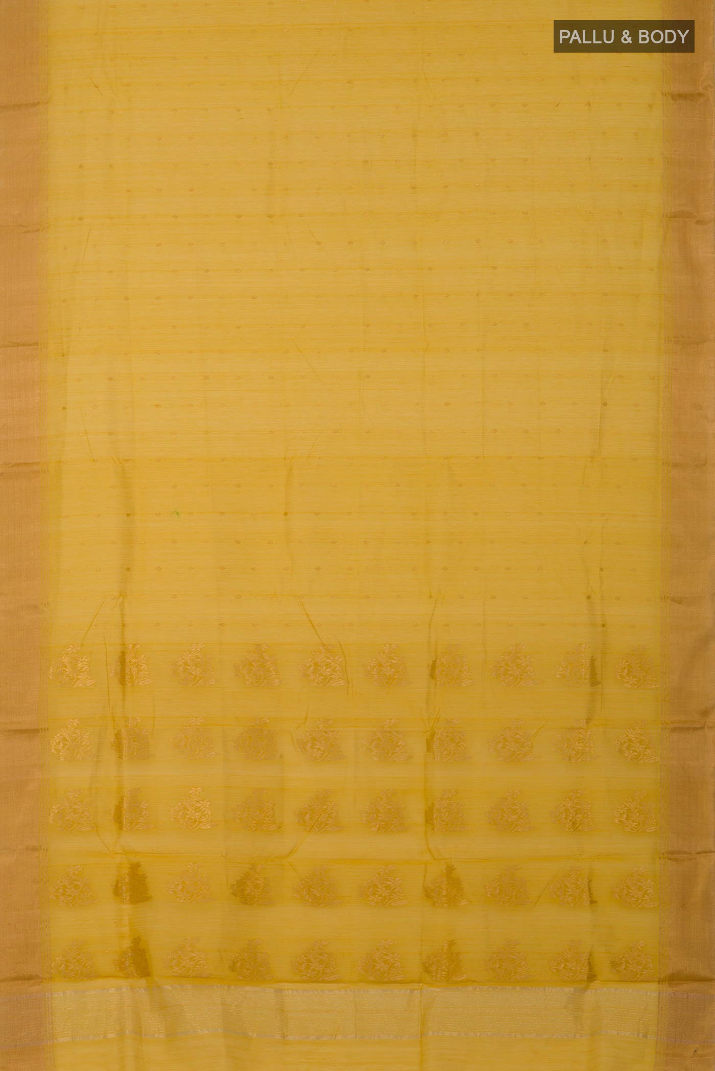 Flat view of Yellow Chanderi Silk Cotton Saree with Zari Butta on the body and Zari Border. 