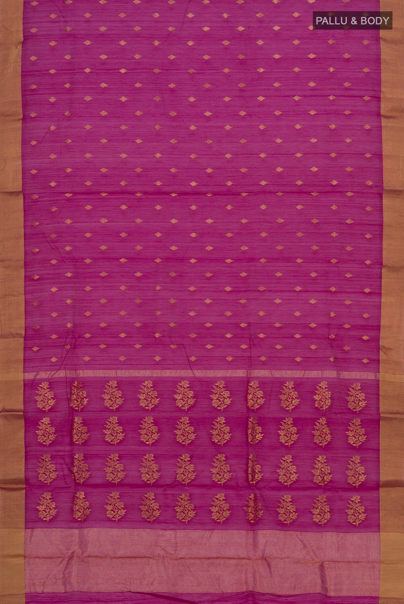 Flat view of Purple Chanderi Silk Cotton Saree with Zari Butta on the body and Zari Border. 