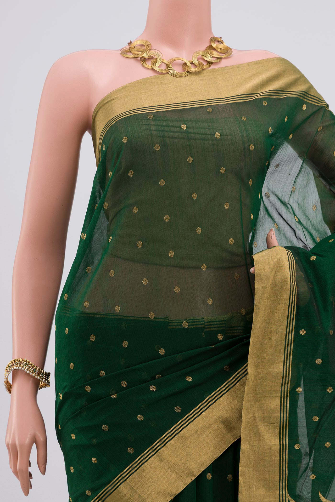 Border image of Bottle Green Chanderi Silk Saree with Zari Butta on the body and Zari Border. 