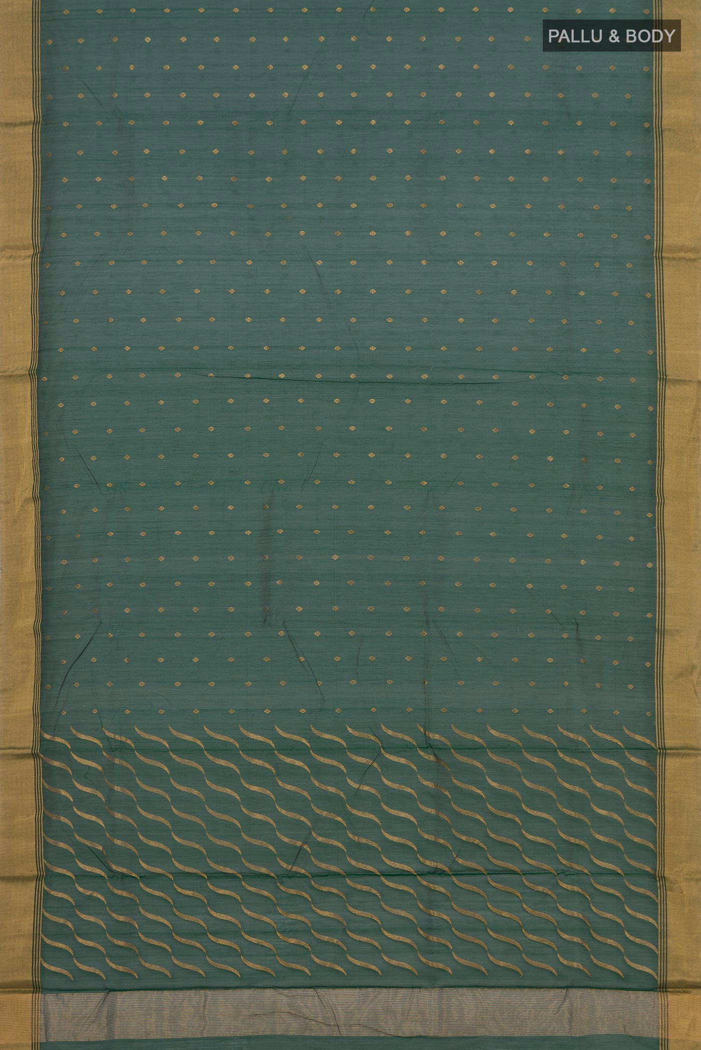 Flat view of Bottle Green Chanderi Silk Saree with Zari Butta on the body and Zari Border. 
