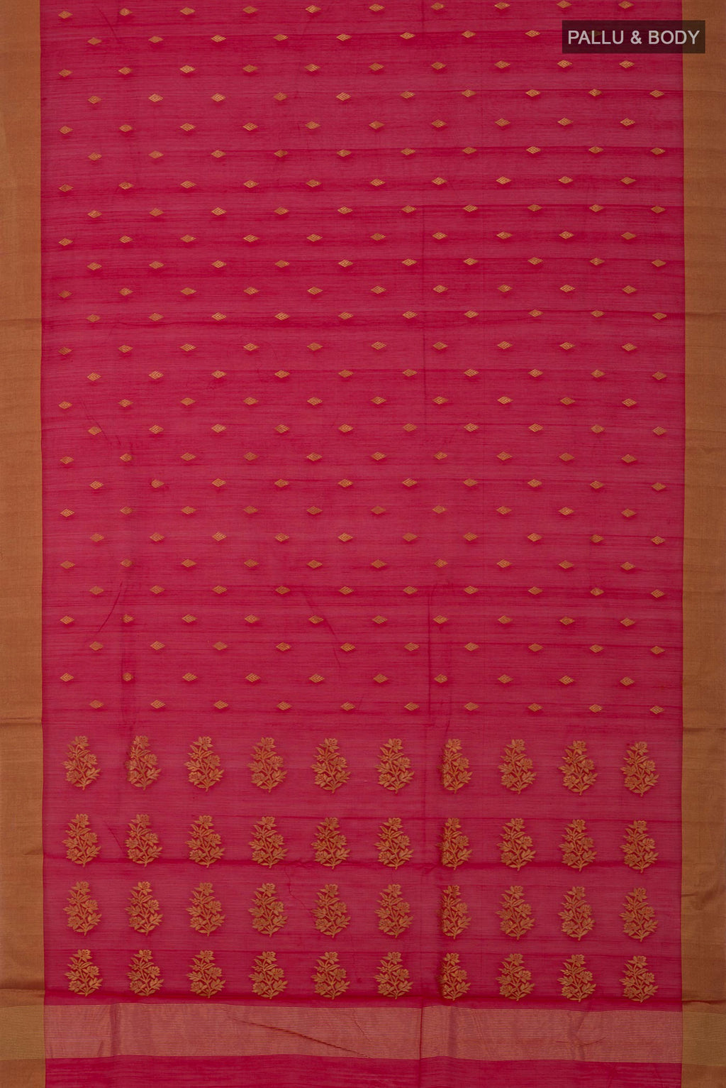 Flat view of Red Chanderi Silk Cotton Saree with Zari Butta on the body and Zari Border. 