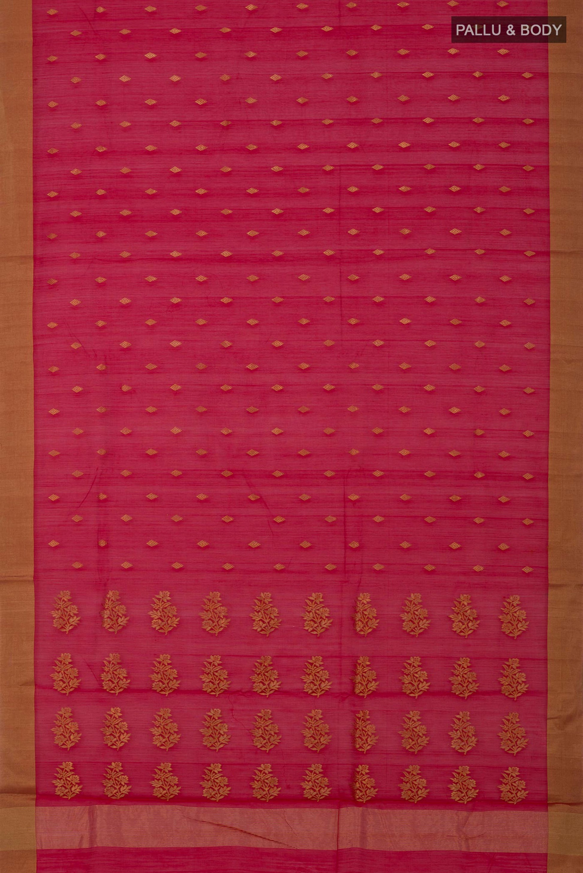 Flat view of Red Chanderi Silk Cotton Saree with Zari Butta on the body and Zari Border. 
