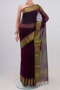 Purple Maheshwari Silk Saree with Stripes on the body and Zari Border.  displayed on a mannequin