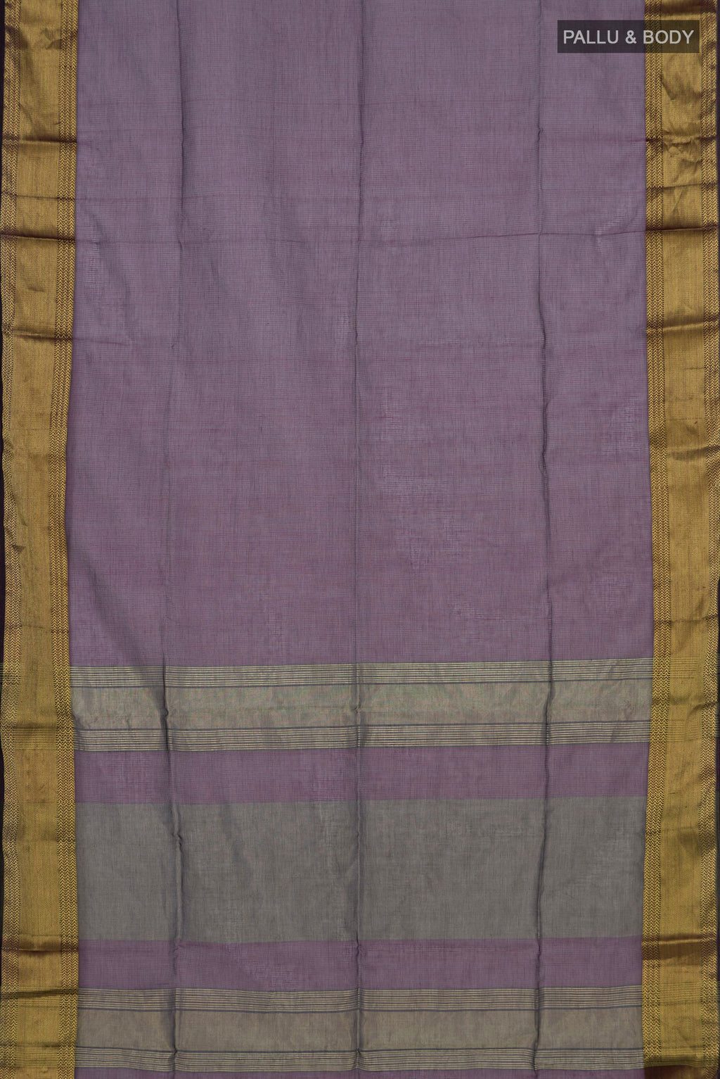 Flat view of Purple Maheshwari Silk Saree with Stripes on the body and Zari Border. 