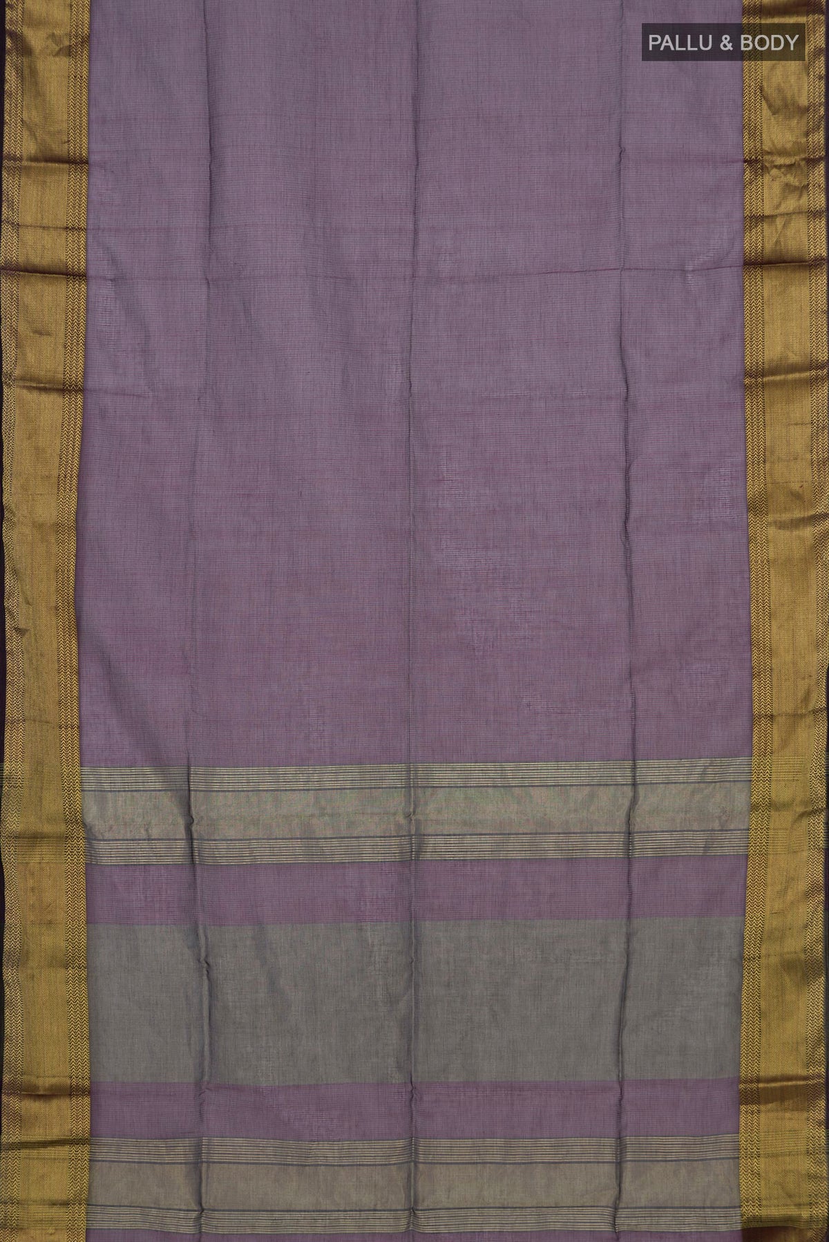 Flat view of Purple Maheshwari Silk Saree with Stripes on the body and Zari Border. 