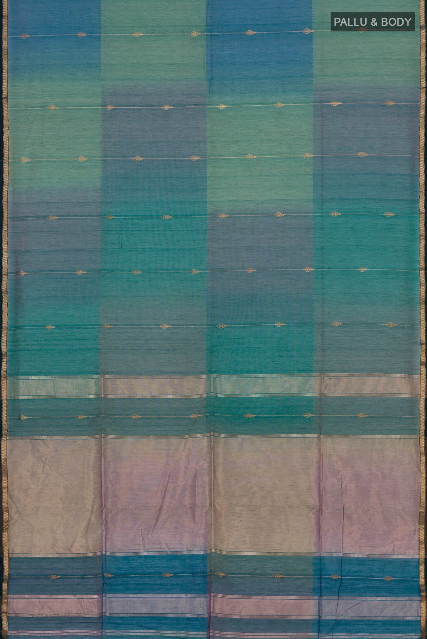 Flat view of Green Maheshwari Silk Saree with Zari Butta on the body and Zari Border. 