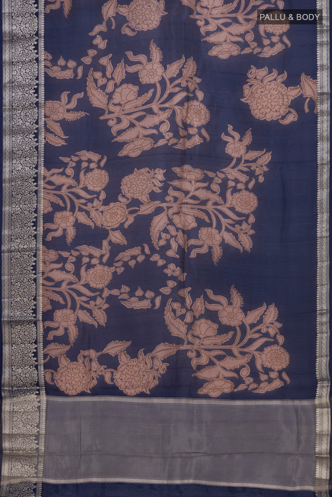 Flat view of Blue Raw Silk Saree with Printed design on the body and Plain Border. 