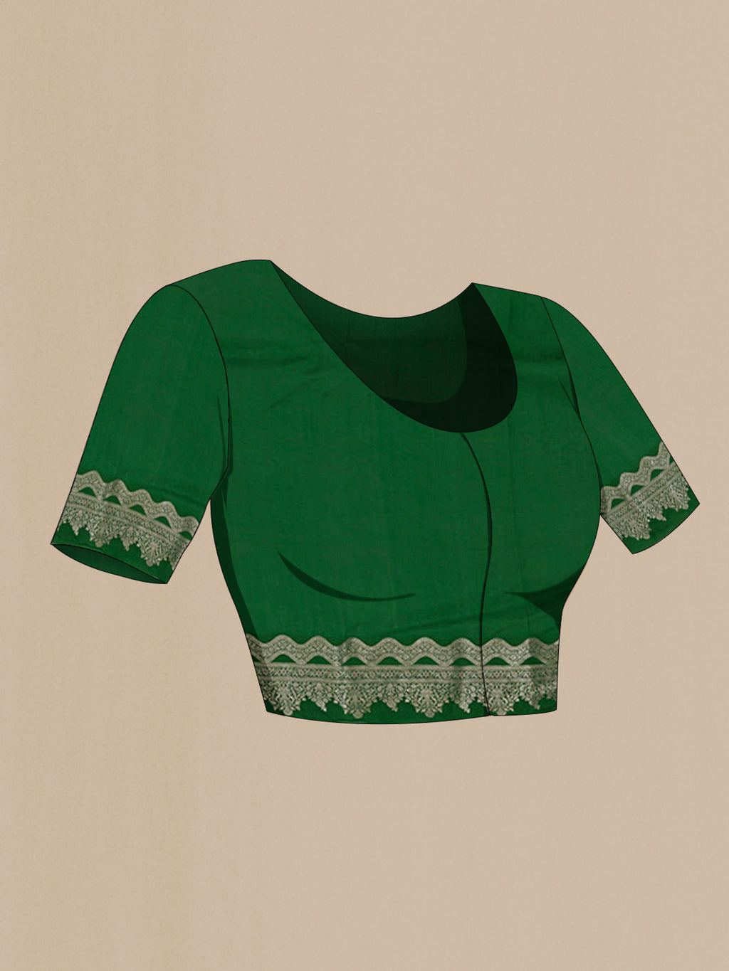 Close up image of the blouse of Green Raw Silk Saree with Floral Print on the body and Fancy Border. 