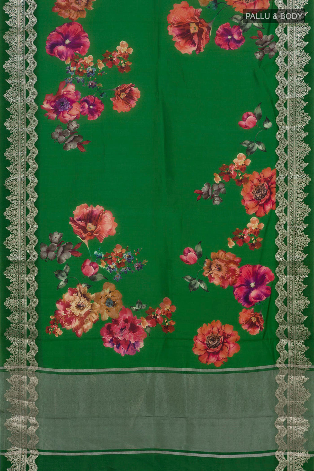Flat view of Green Raw Silk Saree with Floral Print on the body and Fancy Border. 