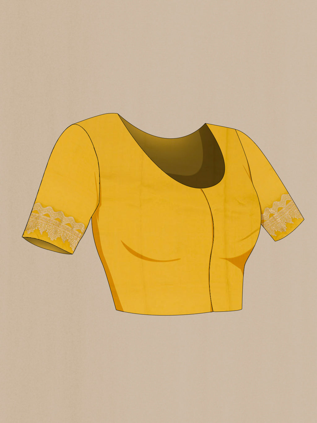 Close up image of the blouse of Yellow Raw Silk Saree with Floral Print on the body and Fancy Border. 