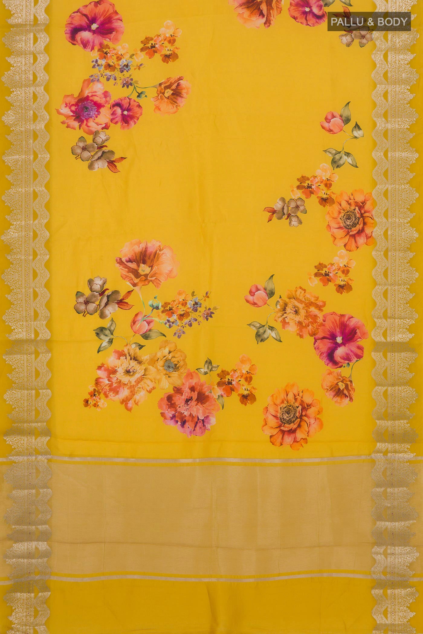 Flat view of Yellow Raw Silk Saree with Floral Print on the body and Fancy Border. 