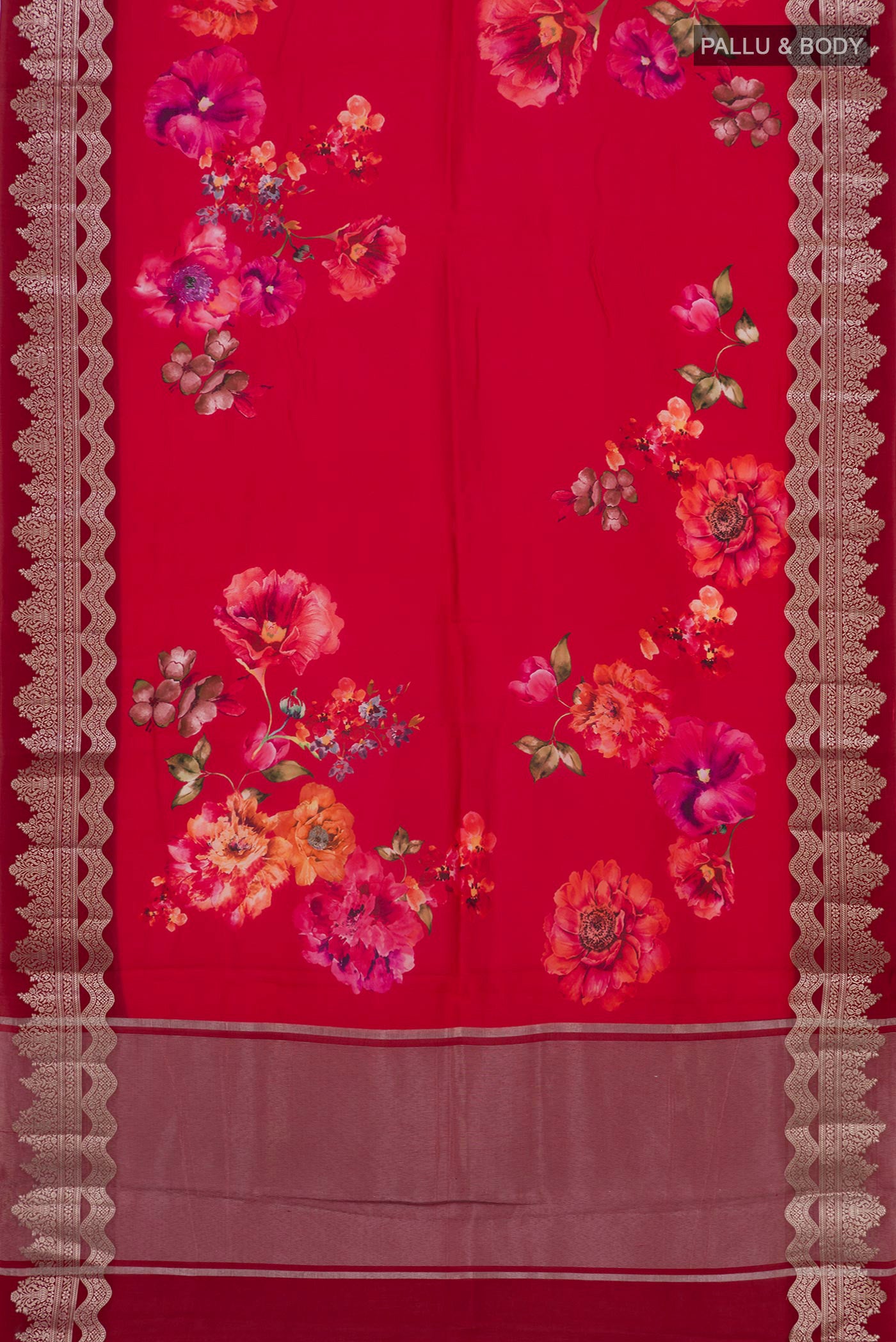 Flat view of Red Raw Silk Saree with Floral Print on the body and Fancy Border. 