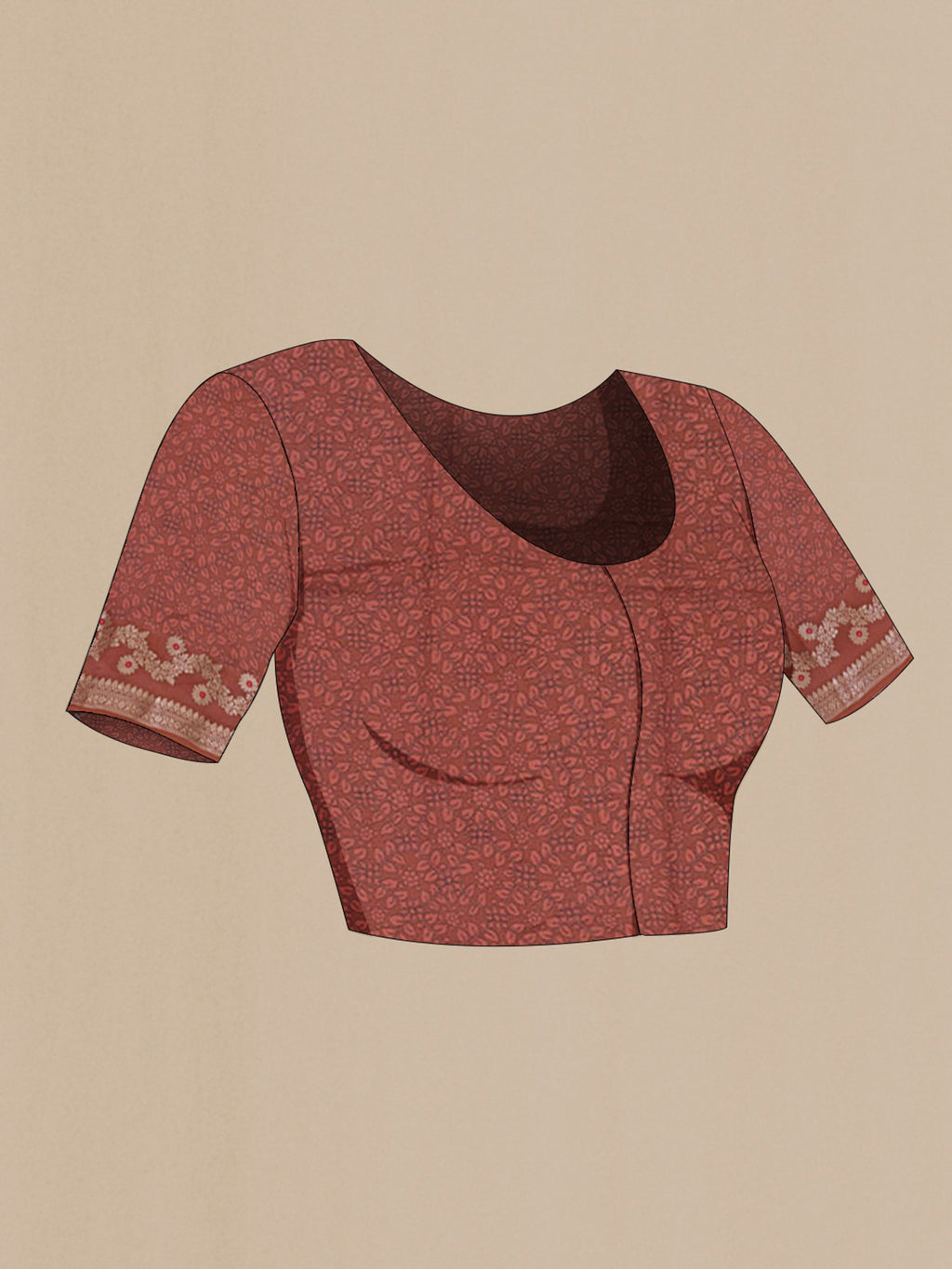 Close up image of the blouse of Beige Raw Silk Saree with Printed design on the body and Fancy Border. 
