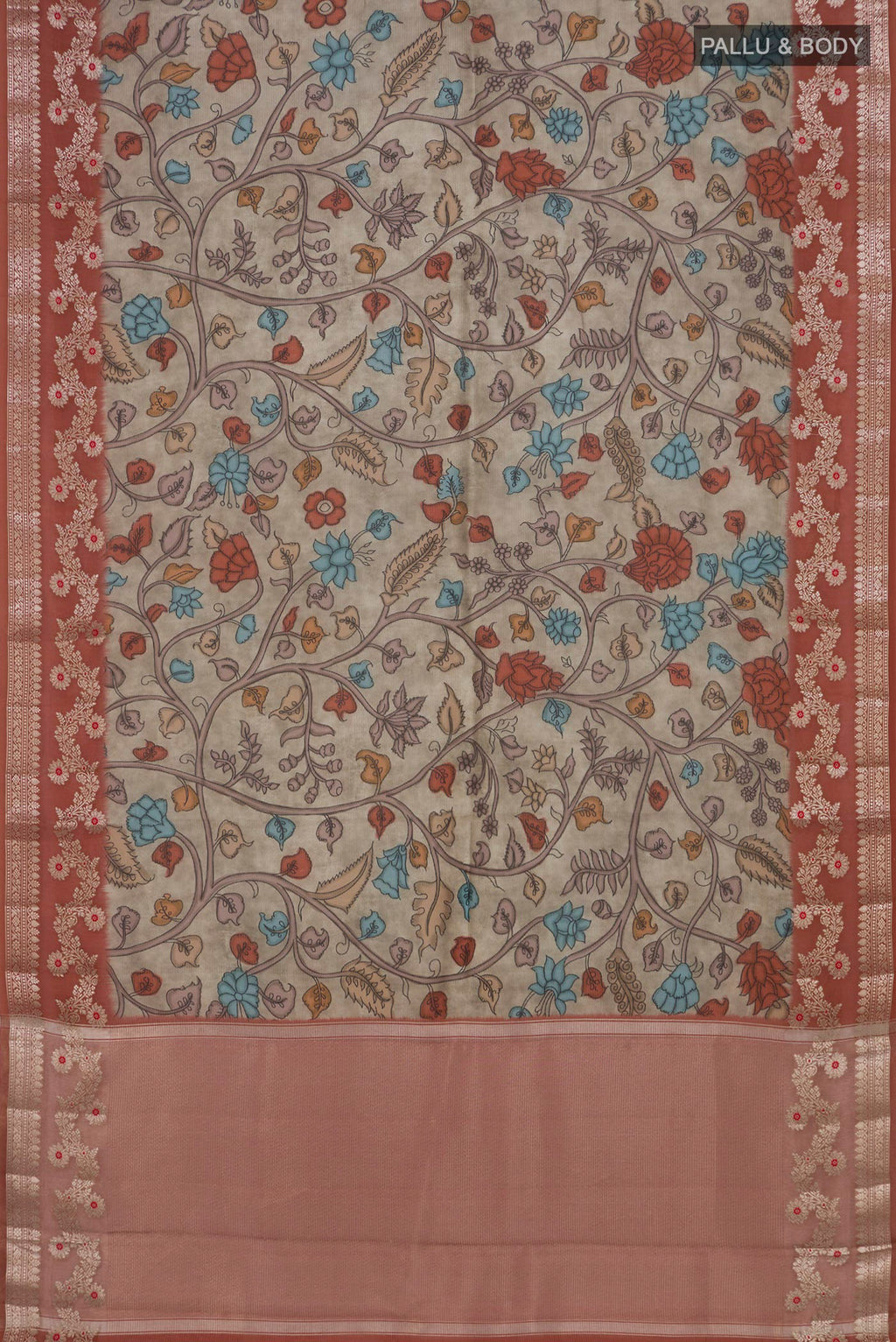 Flat view of Beige Raw Silk Saree with Printed design on the body and Fancy Border. 
