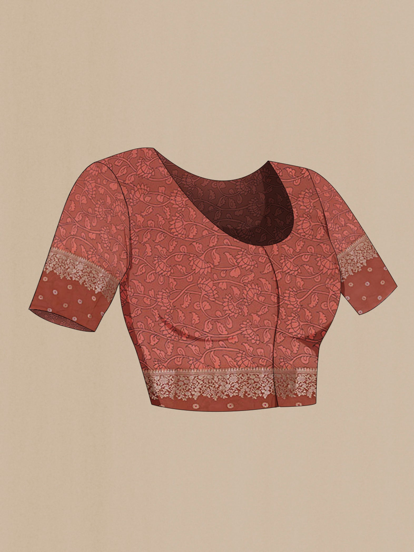 Close up image of the blouse of Beige Raw Silk Saree with Printed design on the body and Fancy Border. 