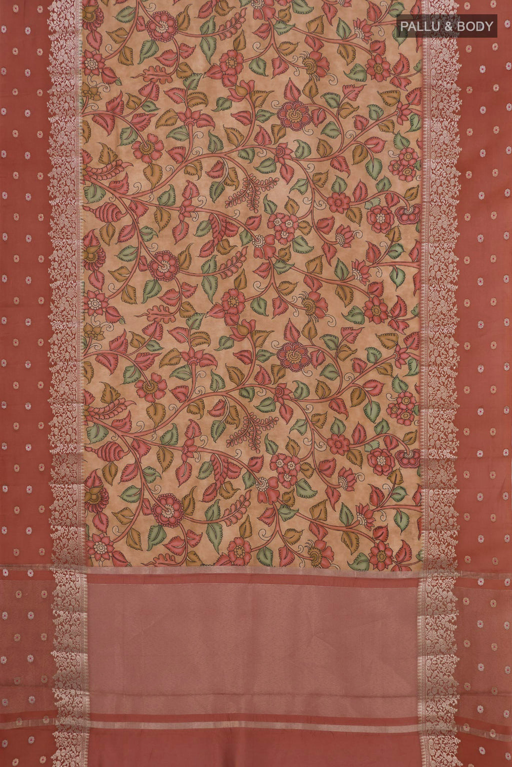 Flat view of Beige Raw Silk Saree with Printed design on the body and Fancy Border. 