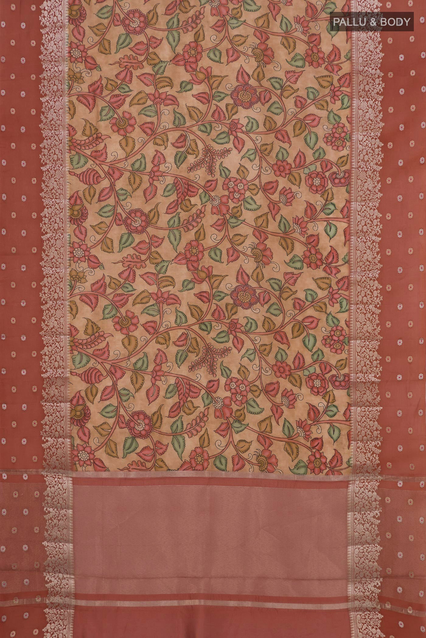 Flat view of Beige Raw Silk Saree with Printed design on the body and Fancy Border. 