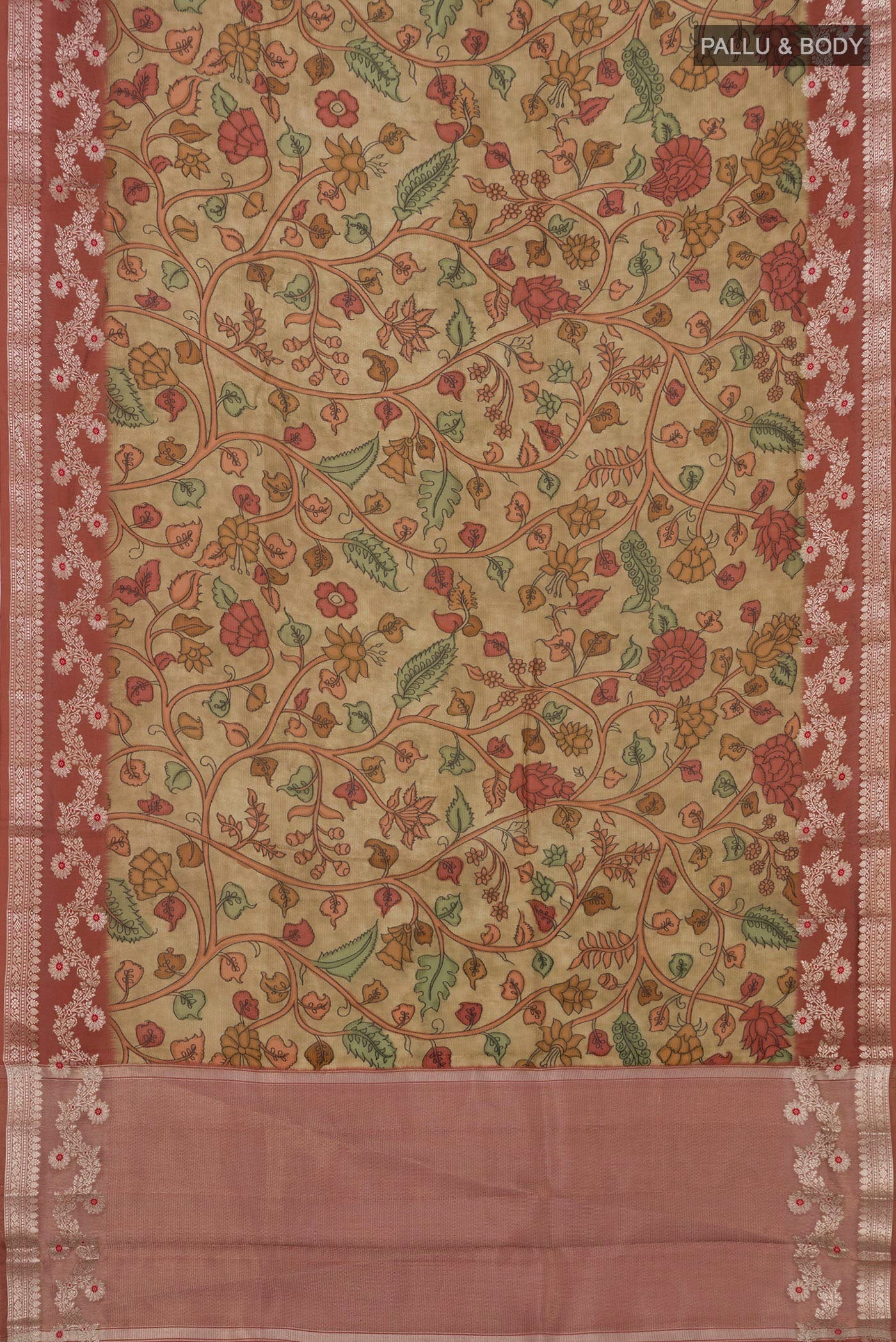 Flat view of Mehandi Green Raw Silk Saree with kalamkari Print on the body and Plain Border. 