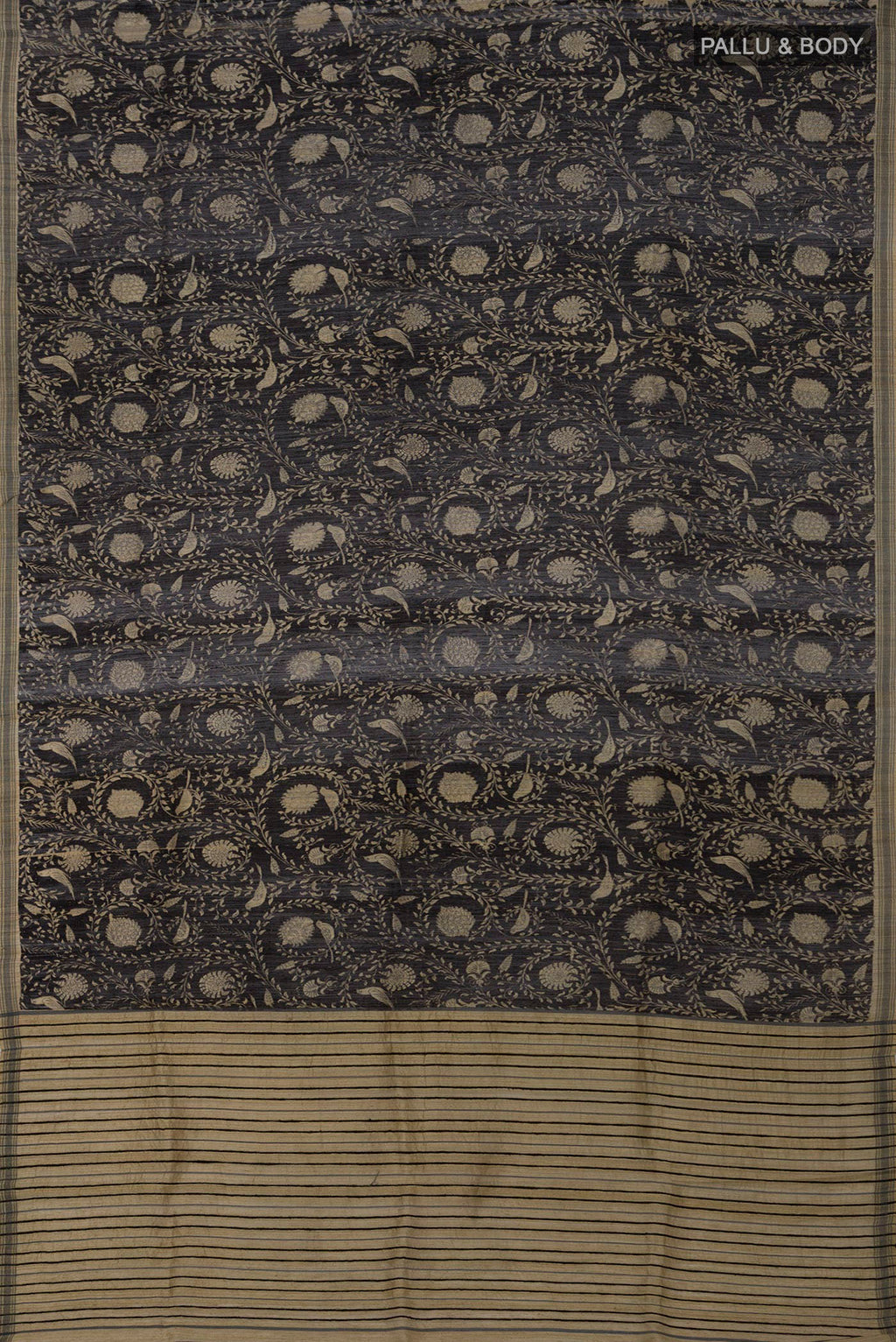 Flat view of Black Jute Silk Saree with Fancy on the body and Without Border. 