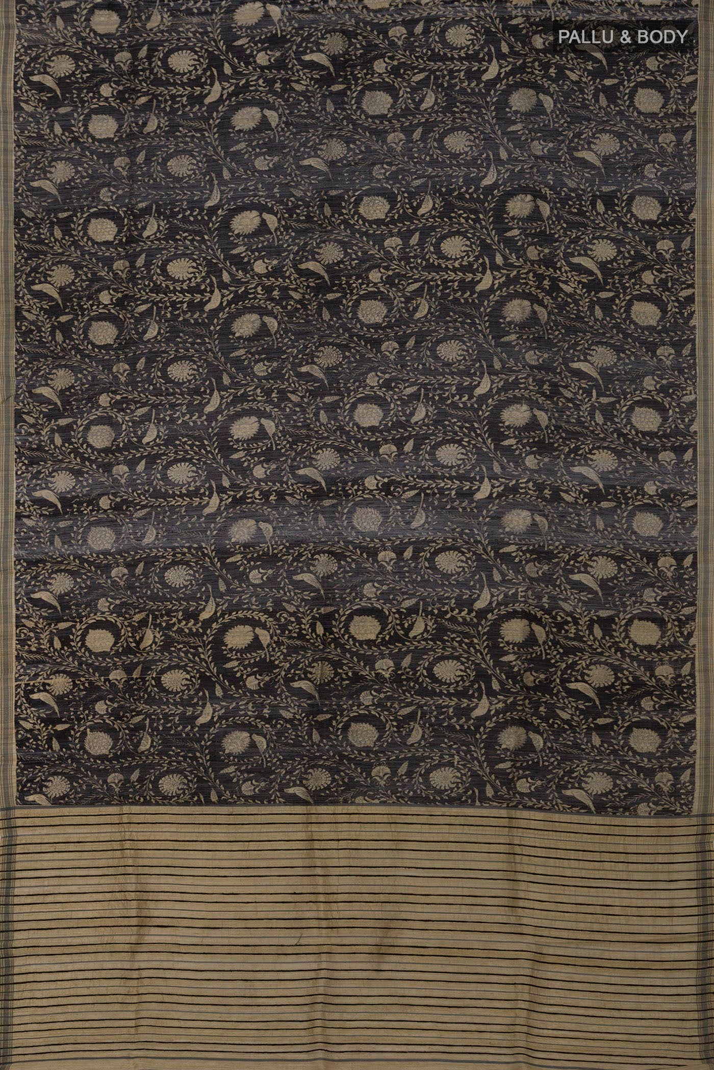 Flat view of Black Jute Silk Saree with Fancy on the body and Without Border. 