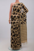 Cream Jute Silk Saree with Fancy on the body and Without Border.  displayed on a mannequin