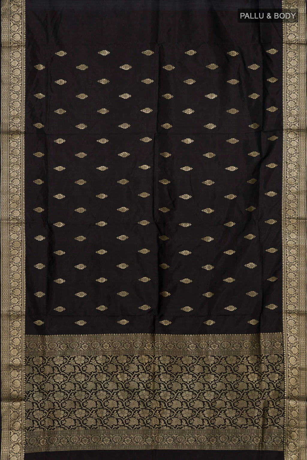Flat view of Black Banarasi Katan Silk Saree with Zari Butta on the body and Zari Border. 