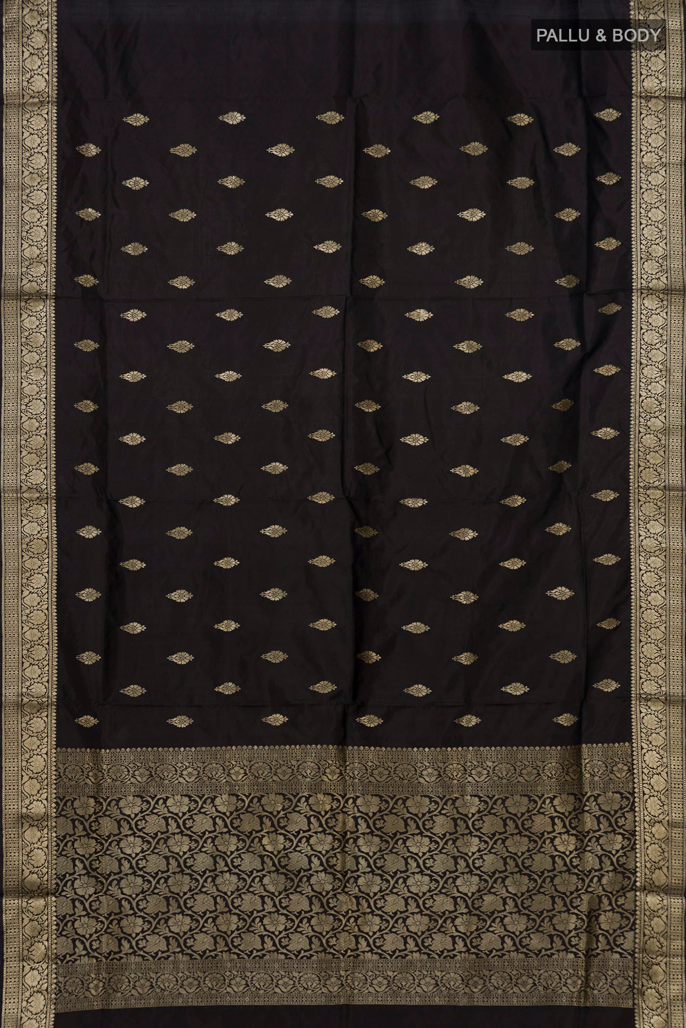 Flat view of Black Banarasi Katan Silk Saree with Zari Butta on the body and Zari Border. 