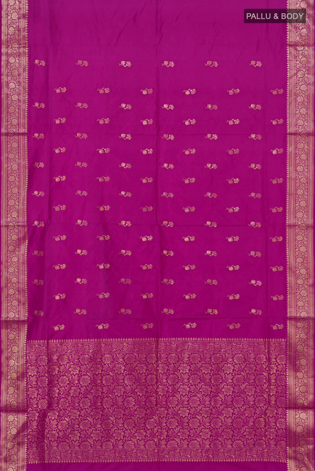 Flat view of Purple Banarasi Katan Silk Saree with Zari Butta on the body and Zari Border. 