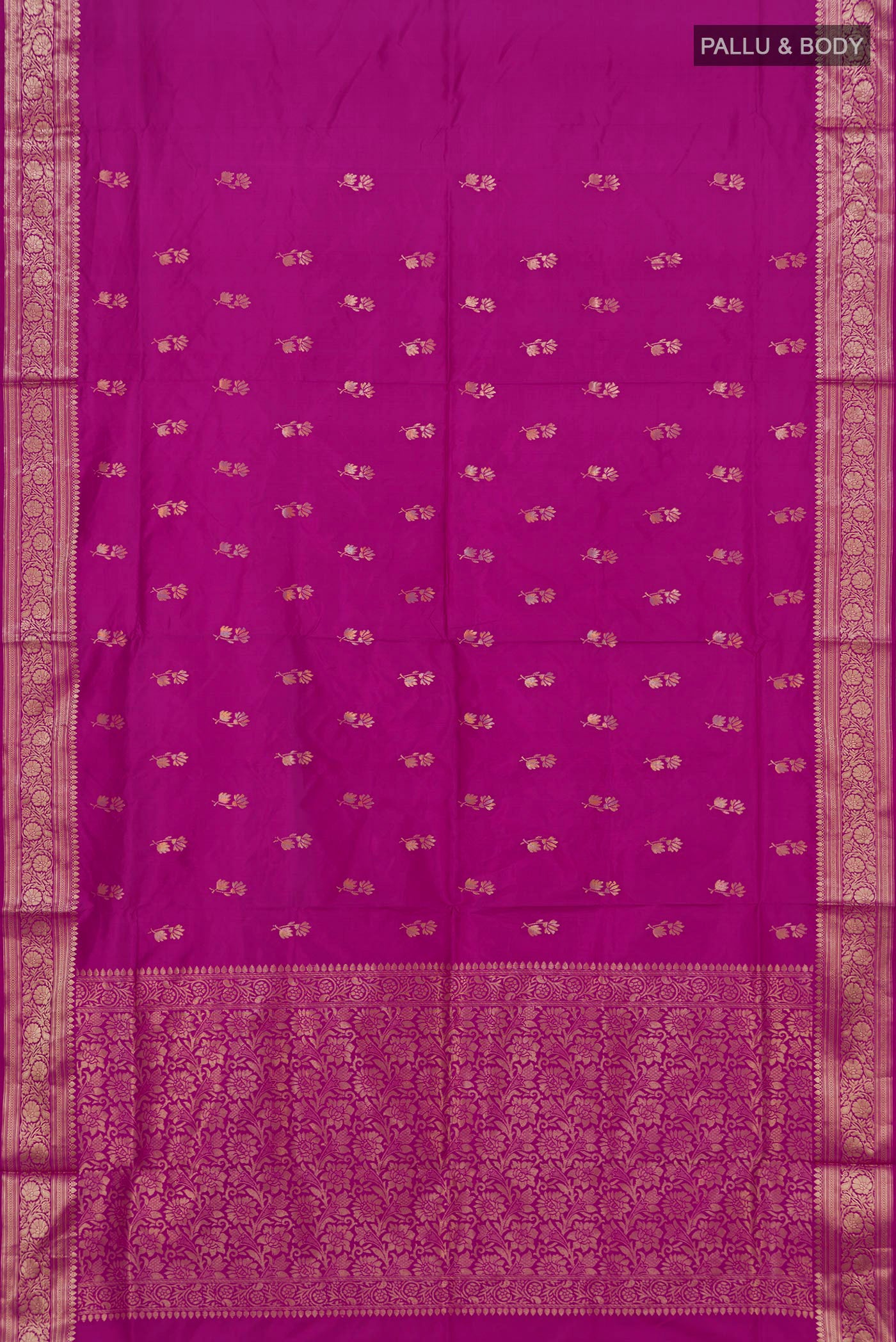 Flat view of Purple Banarasi Katan Silk Saree with Zari Butta on the body and Zari Border. 