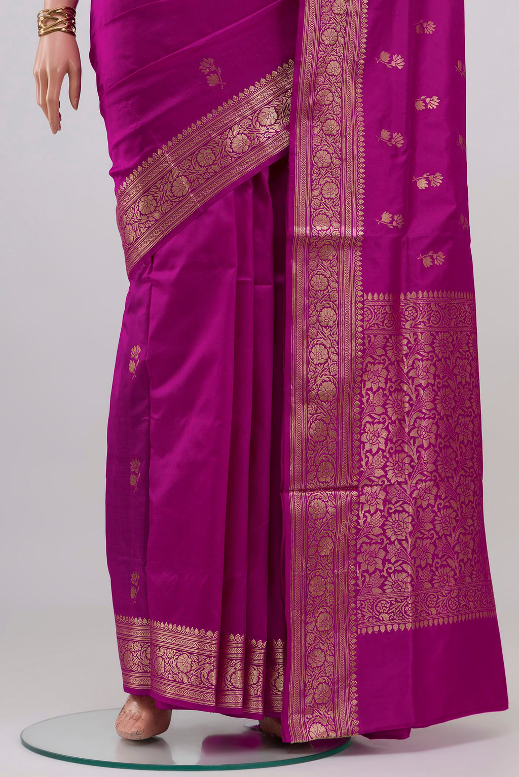 Pleats and pallu of Purple Banarasi Katan Silk Saree with Zari Butta on the body and Zari Border. 