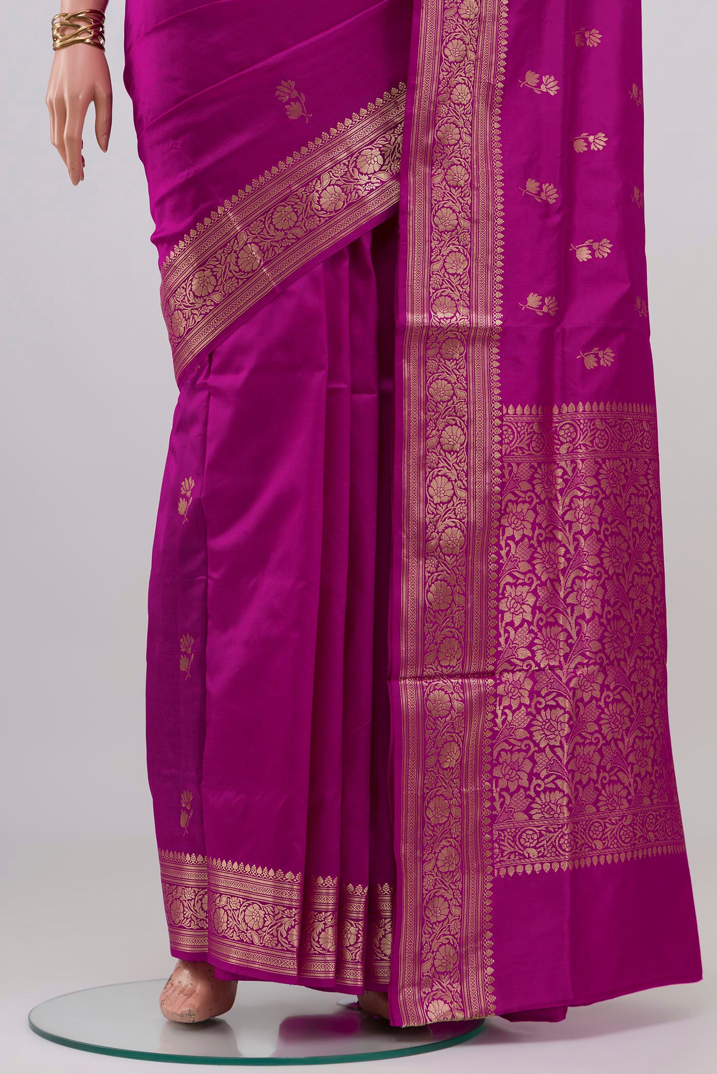 Pleats and pallu of Purple Banarasi Katan Silk Saree with Zari Butta on the body and Zari Border. 