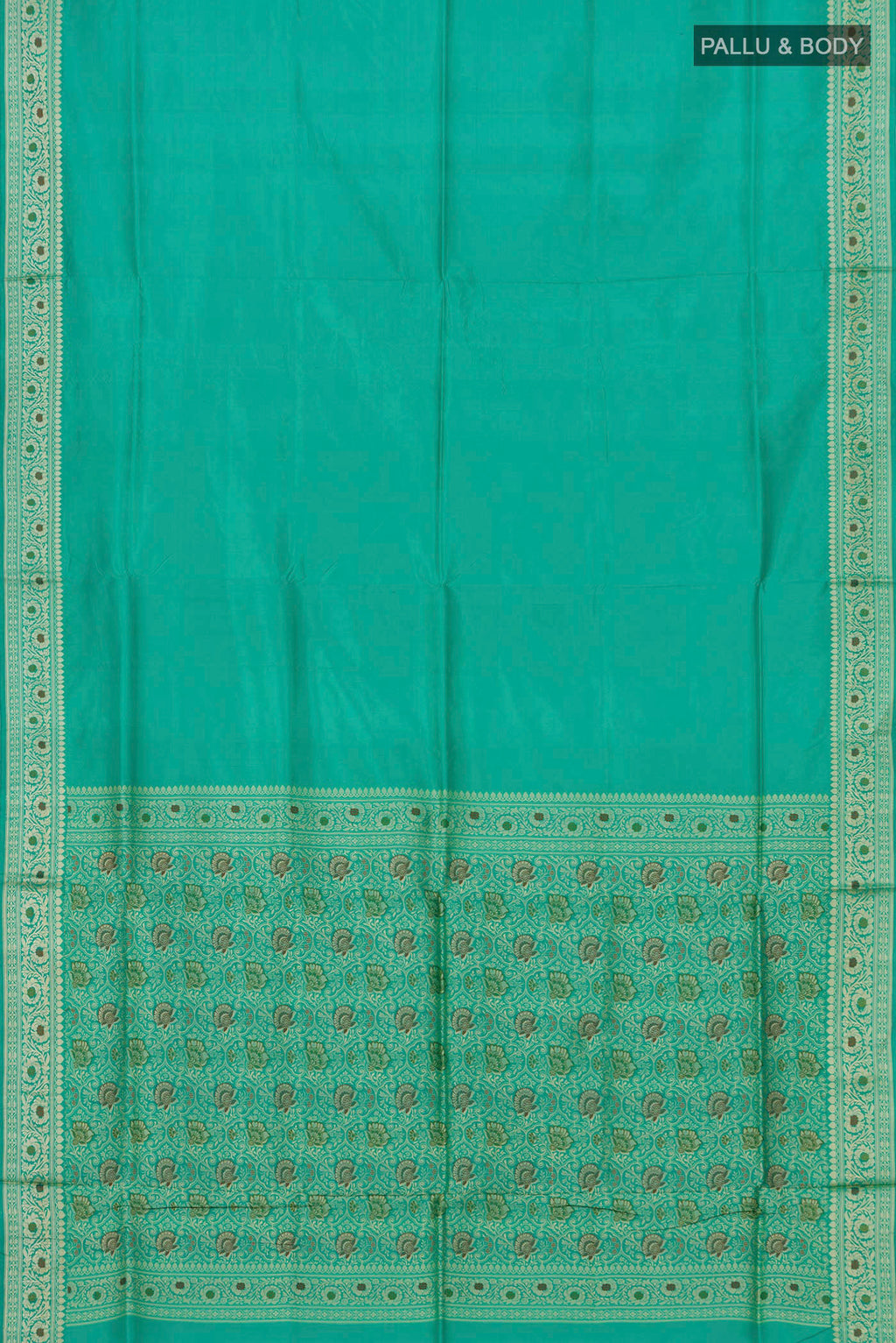 Flat view of Light Green Banarasi Katan Silk Saree with Plain Body and Thread Border. 