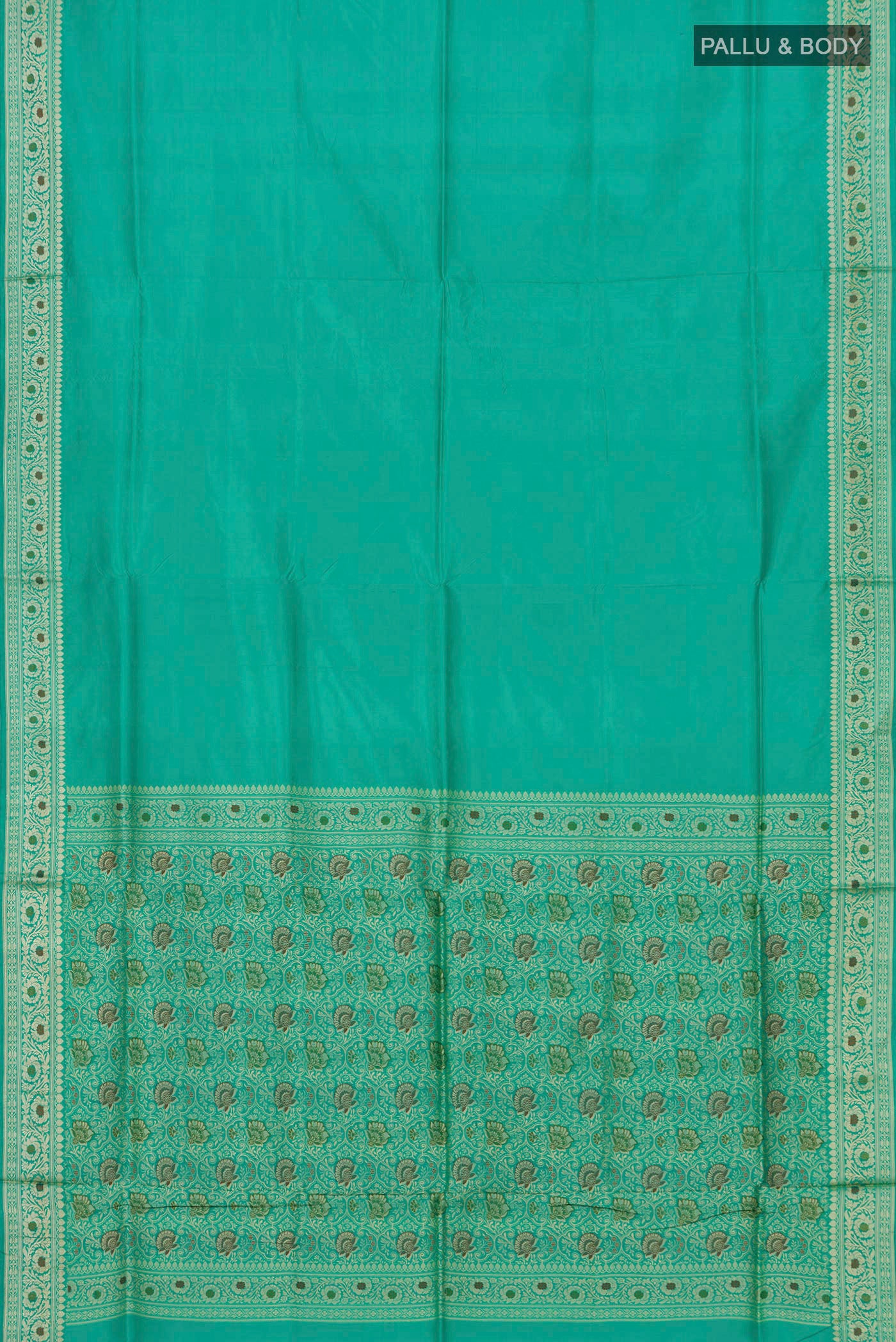 Flat view of Light Green Banarasi Katan Silk Saree with Plain Body and Thread Border. 