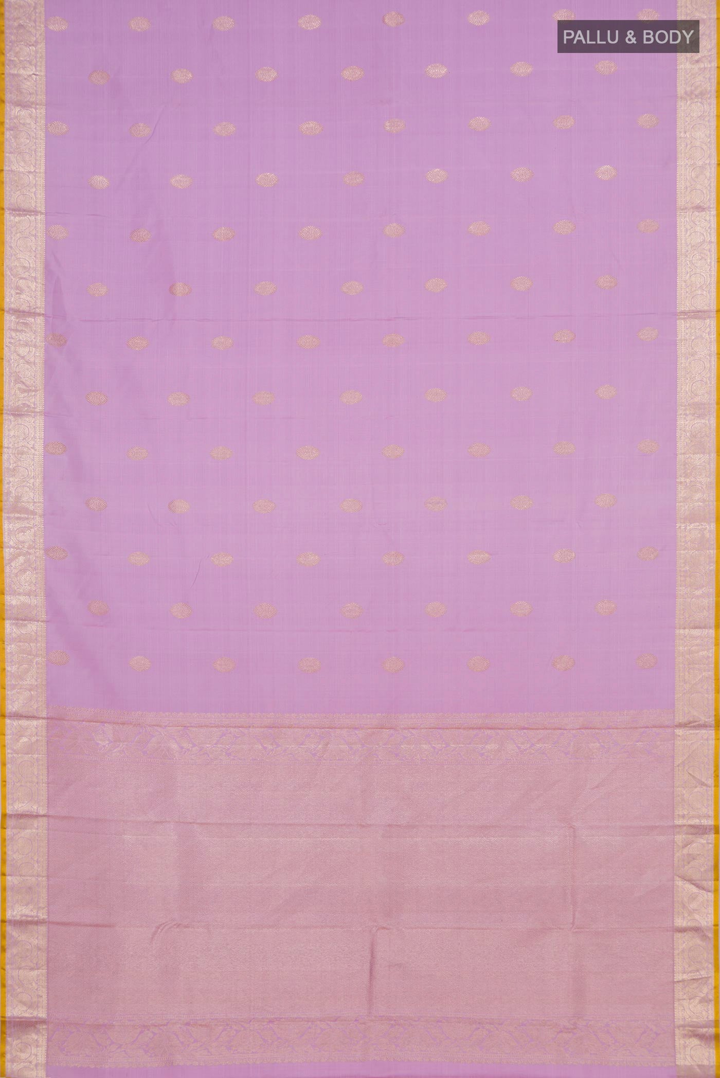 Flat view of Lavender Kanjivaram Silk Saree with Zari Butta on the body and Zari Border. 