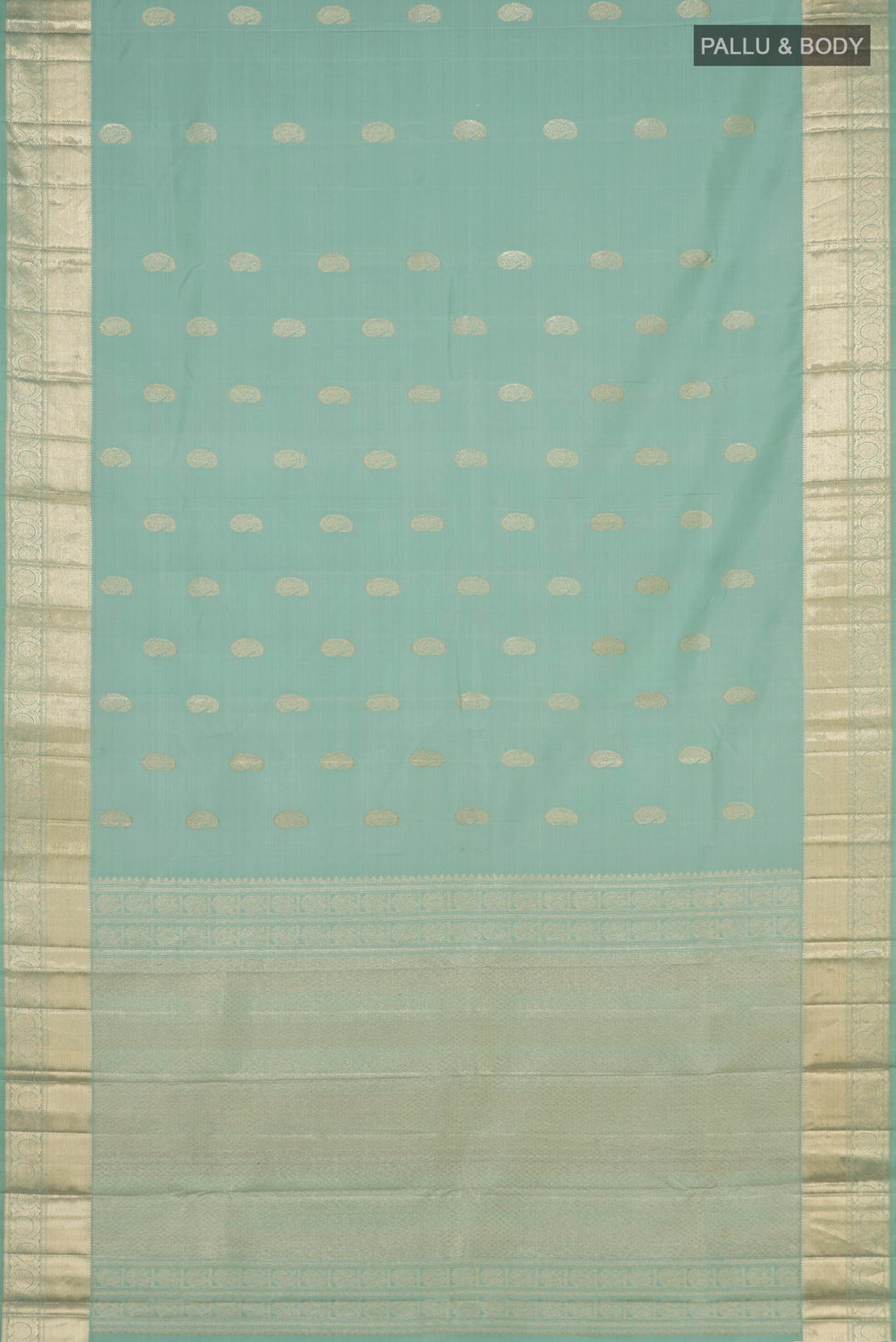 Flat view of Green Kanjivaram Saree with Zari Butta on the body and Zari Border. 