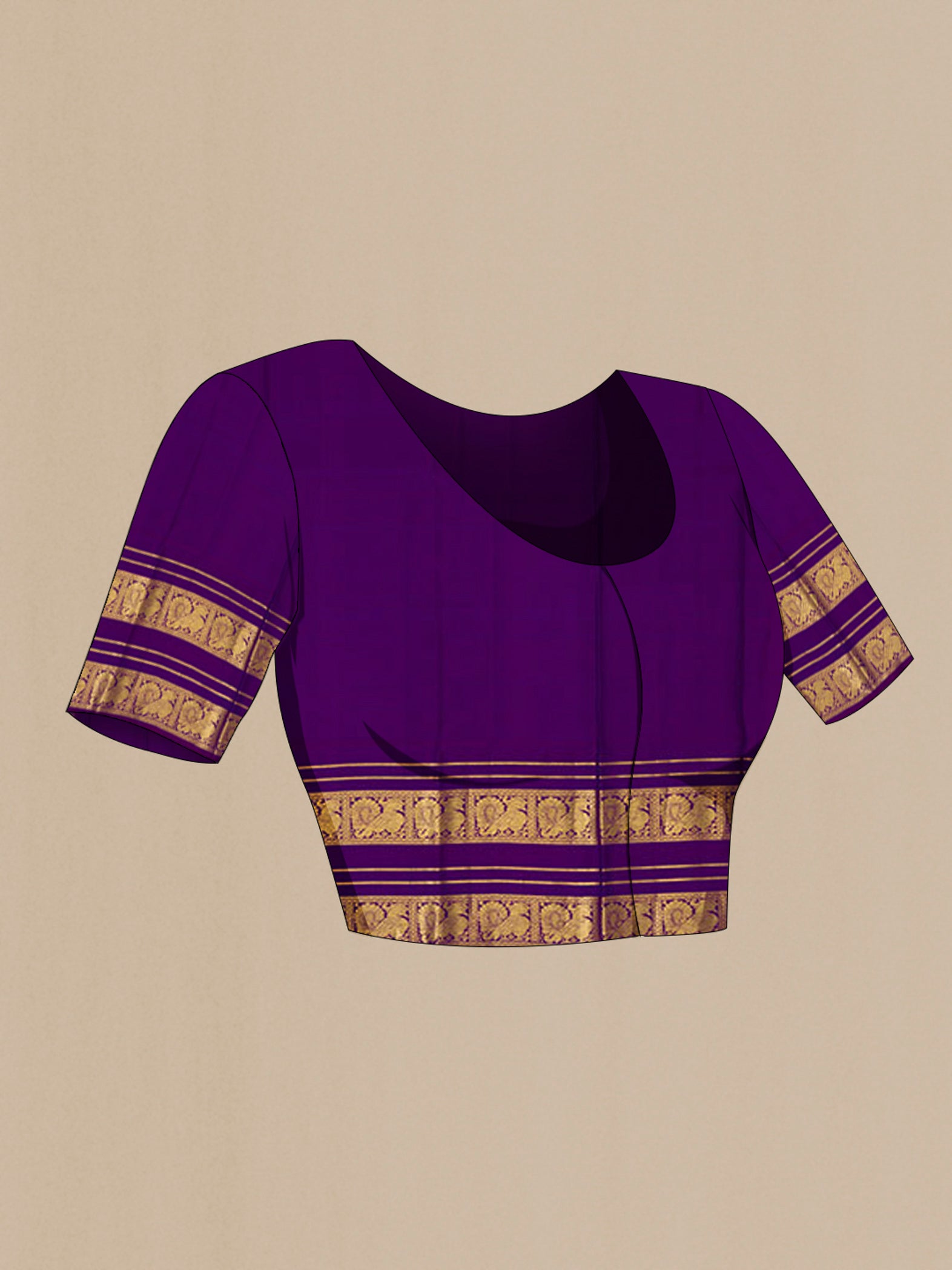 Close up image of the blouse of Violet Kanjivaram Silk Saree with Zari Butta on the body and Zari Border. 