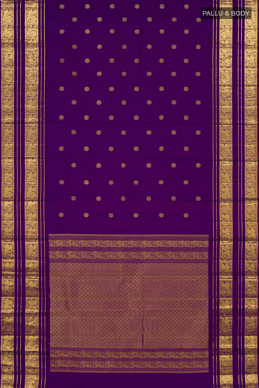 Flat view of Violet Kanjivaram Silk Saree with Zari Butta on the body and Zari Border. 