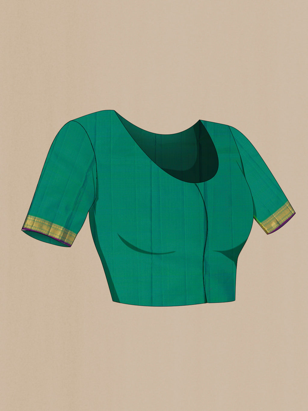 Close up image of the blouse of Pure Silk Green Kanchipuram Saree with Zari Butta on the body and Zari Border. 