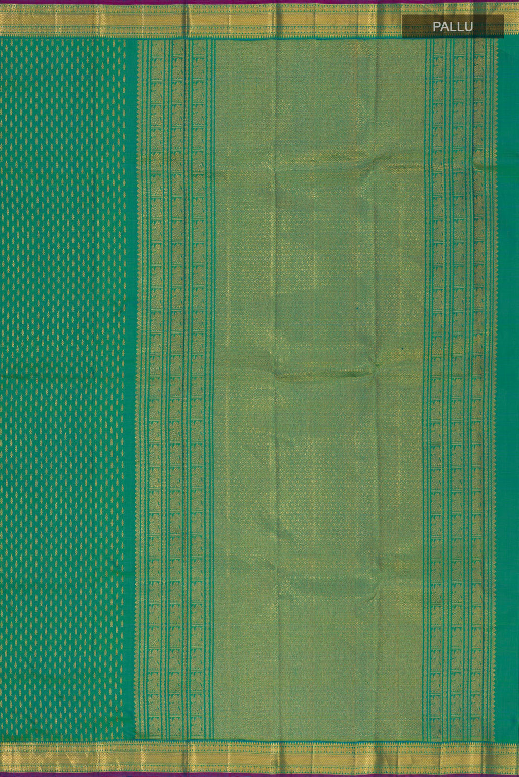 Close up image of the pallu of Pure Silk Green Kanchipuram Saree with Zari Butta on the body and Zari Border. 