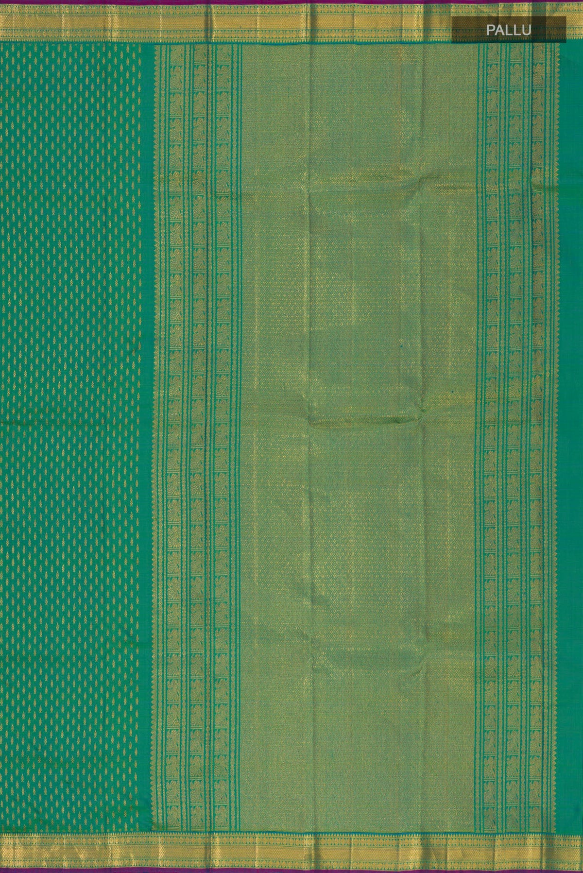 Close up image of the pallu of Pure Silk Green Kanchipuram Saree with Zari Butta on the body and Zari Border. 